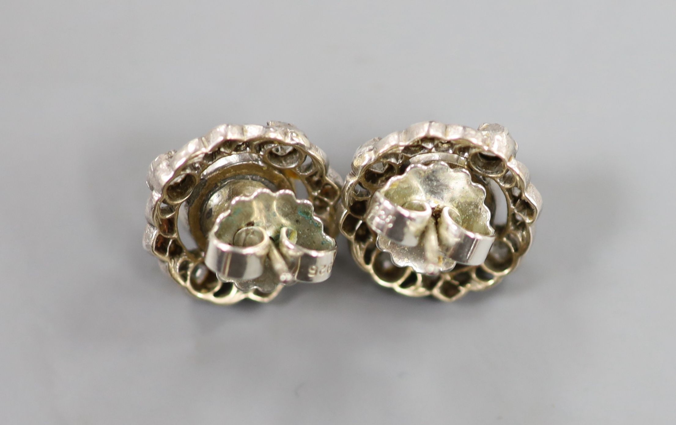 A pair of white metal, mabe pearl and old round and rose cut diamond cluster set ear studs, with 925 butterflies, 16mm, gross weight 7.4 grams.